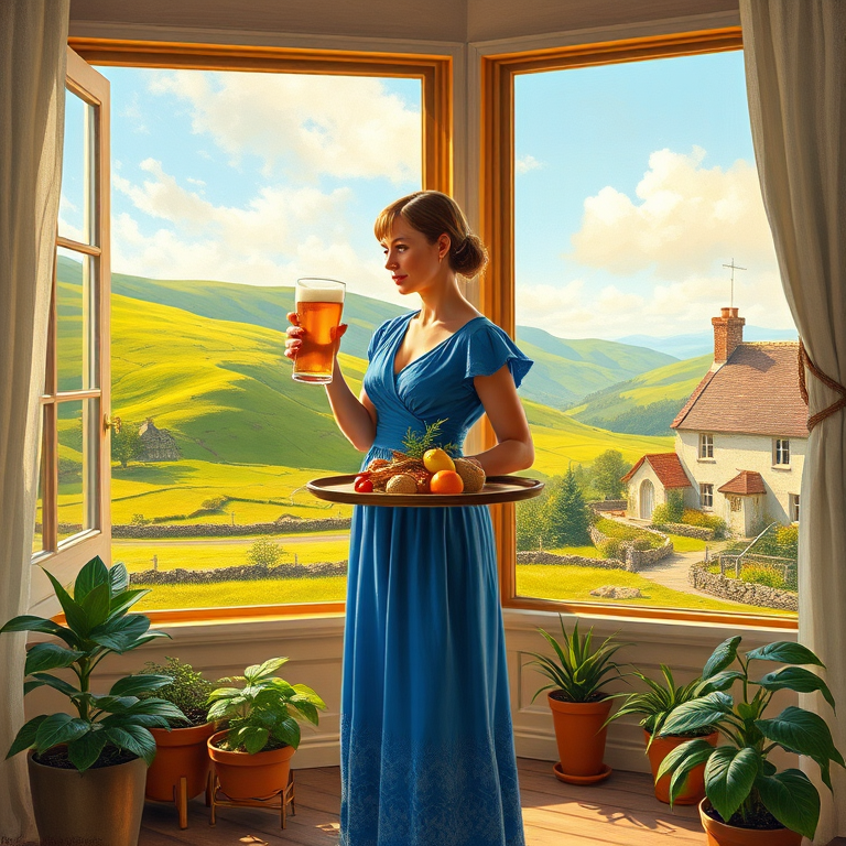 In "A Glass of Beer on the Highland," a serene scene is depicted in a sunlit room where a woman in a vibrant blue dress stands by a large window. She holds a tray with a hearty meal and a frothy glass of beer, embodying a moment of relaxation. Outside, the breathtaking highland landscape features rolling green hills and a charming traditional house, all bathed in warm afternoon light. The interior is adorned with potted plants, creating a harmonious blend of comfort and nature. The painting beautifully captures the tranquility and joy found in simple pleasures amidst stunning scenery