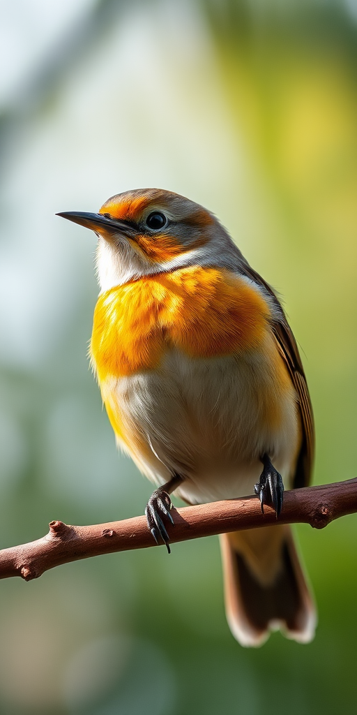 Close-up shot of a golden-breasted bird perched on a branch, natural light, 85mm lens, f/2.8 aperture, ISO 200, shallow depth of field, DSLR camera.