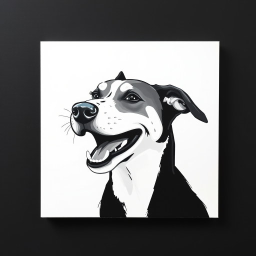 Abstract black and white acrylic portrait of an over exaggerated laughing (dog). Minimalism style. White background.