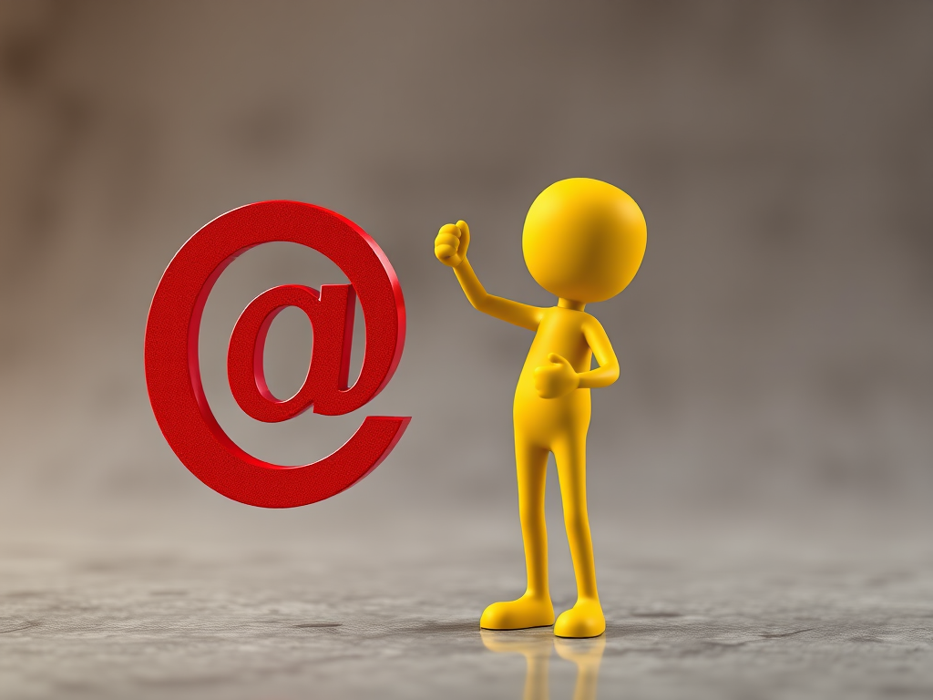 Create a 3D rendered image of a yellow stick figure holding a large red at symbol, using a Canon EOS 5D Mark IV, f/4 aperture, ISO 100, 50mm lens, with a soft focus background and high dynamic range lighting.