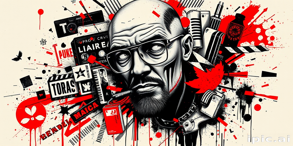 Striking trash polka tattoo named "Urban Chaos" combining bold, graphic elements with realistic imagery in a chaotic yet cohesive composition, utilizing a limited color palette of black and red to create a high-contrast design that incorporates text, geometric shapes, and distressed textures alongside photorealistic portraits or objects, resulting in a powerful and visually arresting tattoo