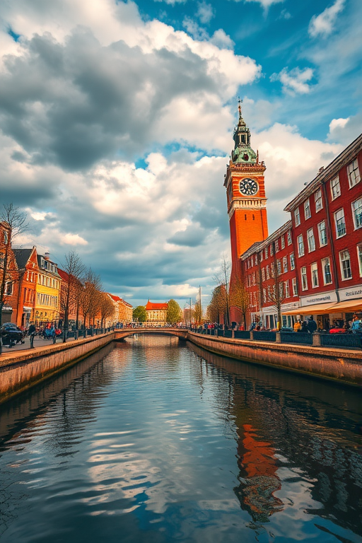 Capture a vibrant landscape of a canal scene with a historic clock tower, under a dramatic sky filled with clouds, using a DSLR camera with a 24mm lens, aperture f/8, ISO 100, 1/200 sec shutter speed, shot from a low angle perspective to emphasize reflections in the water and enhance colors.