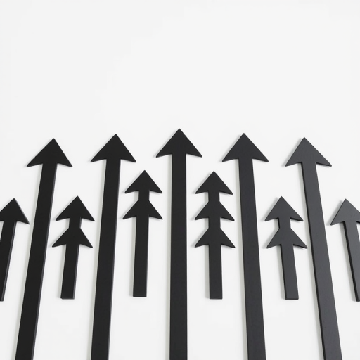 Create a high-resolution image of a series of stylized black arrows pointing upwards, shot with a Canon EOS R5, 50mm lens, f/1.8 aperture, ISO 100, natural light, with a clean white background for contrast.