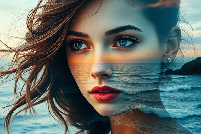 this picture is Book cover, A surreal double exposure portrait that blends a woman's face with a beautiful seascape. The overall mood is dreamy and mystical, with rich colors and intricate details