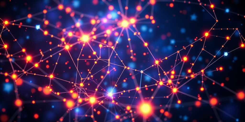 generate an intricate digital art representation of a cosmic network of vibrant stars and glowing connections, using a Canon EOS R5, 50mm f/1.8 lens, aperture at f/4, ISO 100, with a 1/125 second shutter speed, high-resolution and in a macro perspective to capture fine details and vivid colors.