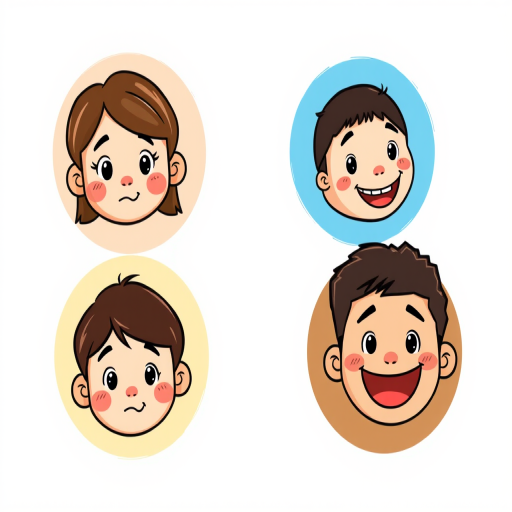 Create a colorful digital illustration of four cartoon character portraits in circles, featuring diverse facial expressions: a sad girl with brown hair, a smiling boy with short brown hair, a neutral girl with black hair, and a happy boy with dark brown hair; use a high-resolution camera setting of 300 DPI, with a view of 50mm lens, in vibrant colors, capturing a playful and cheerful style.
