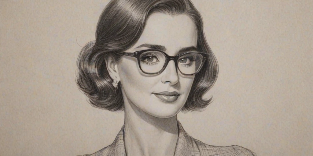 Enticing Kyle Richards, pencil sketch, portrait of Elegant woman 1928s in glasses, hair style beatnik, outline, clear lines, fine lines, 8k