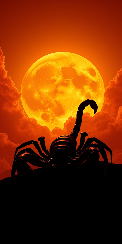 create a vibrant digital illustration of a scorpion silhouetted against a large, glowing orange moon with rich clouds surrounding it, using a wide-angle lens, aperture set to f/2.8, ISO 100, and a warm color palette for enhanced depth and contrast