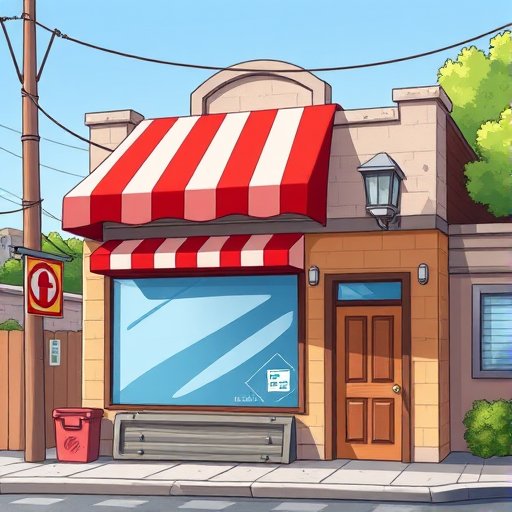 Create a detailed digital illustration of a small store with a red striped awning, featuring large blue windows and a wooden door, captured in a vibrant and colorful cartoon style, using a 50mm lens, f/8 aperture, and a shallow depth of field for enhanced clarity and contrast.
