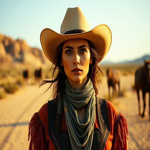 Dramatic photo of a beautiful Zambo woman, classic cowboy attire, confident and free spirit expression, half-length portrait, centered, golden hour desert landscape, warm, diffused light, low angle, medium format film camera, in style of Annie Leibovitz.