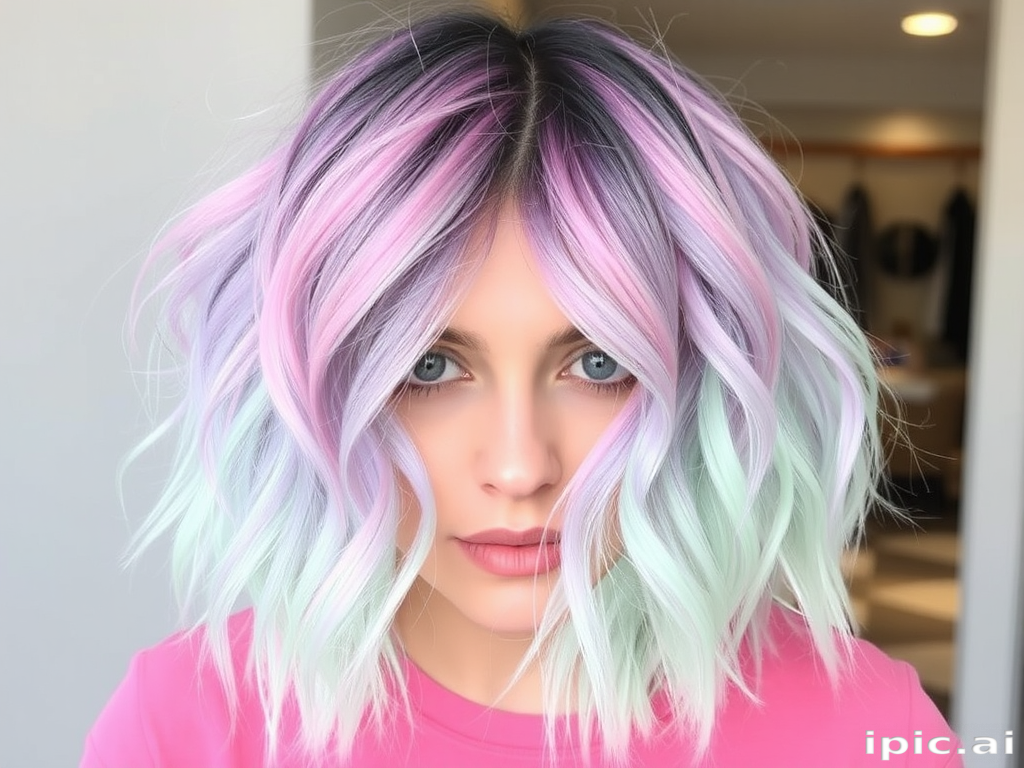 Whimsical Watercolor Bob featuring a soft blend of pastel pink, lavender, and mint green hues in a chin-length cut with tousled, textured waves
