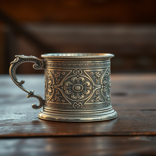 create a high-resolution image of an ornate silver mug with intricate designs, captured in natural lighting, using a 50mm lens, f/1.8 aperture, ISO 100, with a shallow depth of field, positioned on a rustic wooden table for a warm aesthetic.