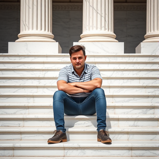 A man sitting on marble steps with arms crossed, wearing a striped shirt and jeans, natural sunlight illuminating the scene, aperture f/2.8, shutter speed 1/200s, ISO 100, 50mm lens, shallow depth of field, candid street photography style.