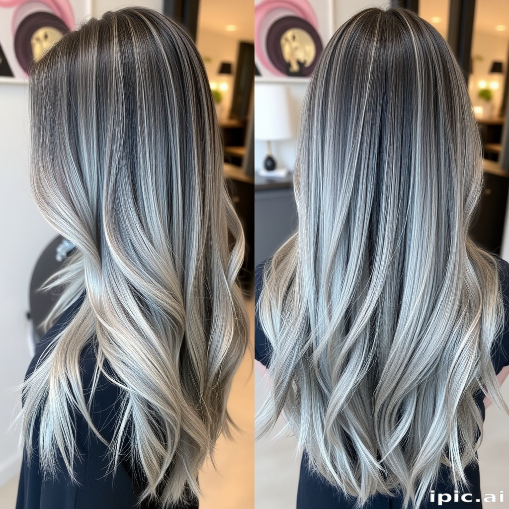 Dramatic silver and charcoal balayage called "Smoky Quartz" blends seamlessly through long, sleek strands, creating a sophisticated and edgy look with multidimensional depth