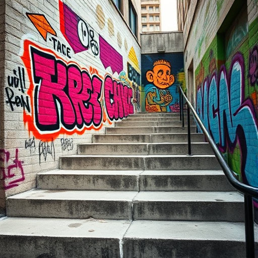Create an urban scene featuring a vibrant graffiti wall with abstract designs and colors, captured with a DSLR camera at f/2.8, shutter speed 1/125s, ISO 200, shot from a low angle to emphasize the steps leading up to the wall, in a high-contrast style to enhance details and textures.