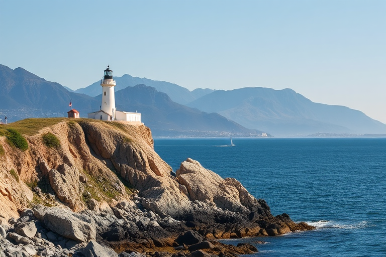 Seaside view of a lighthouse on a rocky cliff with mountains in the background, taken with a DSLR camera, 50mm lens, aperture f/8, shutter speed 1/250s, ISO 100, natural light, clear sky.