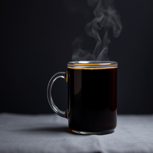 Create a high-resolution image of a steaming black coffee mug on a simple background, using a DSLR camera with a 50mm lens, aperture f/2.8, ISO 100, 1/125 sec shutter speed, taken from a slightly elevated front angle for a warm, inviting atmosphere.