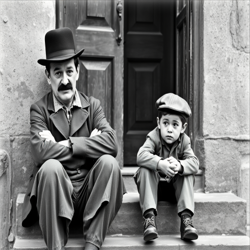 A black-and-white photograph of a man and a child sitting on steps in front of a doorway. The man is dressed as a tramp with a bowler hat, mustache, and ragged clothes, reminiscent of Charlie Chaplin's iconic look. He is sitting with his arms crossed and an expression of slight sadness or frustration. Next to him is a young boy, also in worn clothes and a cap, sitting with his hands clasped, looking thoughtful. The background is an old, textured wall and a partially open door, creating a vintage, early 20th-century atmosphere.