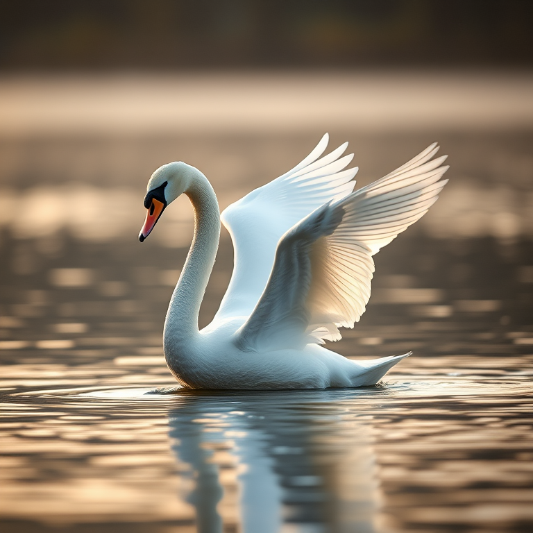 a graceful swan flapping its wings in a tranquil lake, soft evening light, shallow depth of field, Canon EOS R5, 50mm f/1.2 lens, aperture f/2.8, ISO 200, shutter speed 1/500s, natural soft lighting