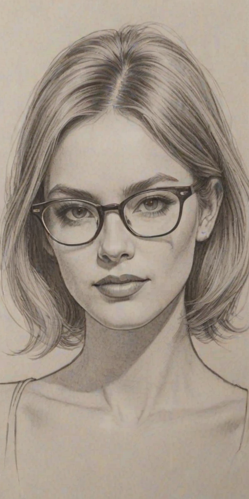 Pleasing Chloe East, pencil sketch, portrait of Radiant woman 1975s in glasses, hair style beatnik, outline, clear lines, fine lines, 8k