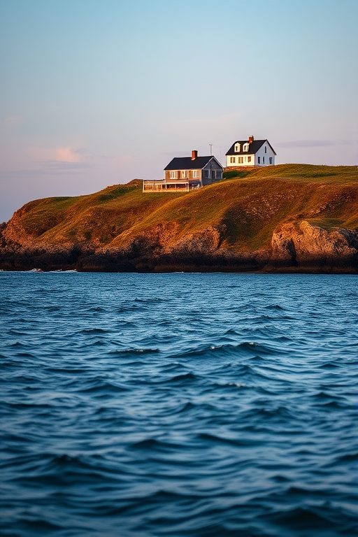 capture a serene coastal landscape with two houses on a grassy hill overlooking calm waters during twilight, use a Canon EOS 5D Mark IV, 24mm lens, aperture f/8, shutter speed 1/60s, ISO 100, soft natural lighting, focus on the texture of the water and the houses with a slight vignette effect