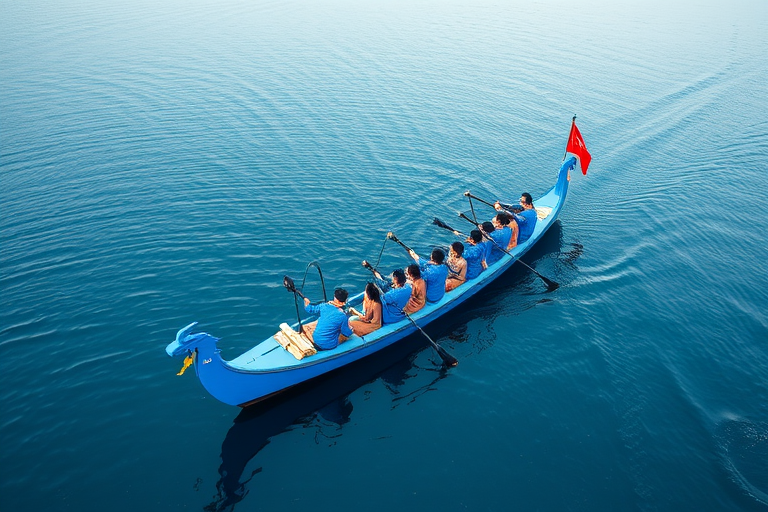 Create an image of a long blue dragon boat with twelve rowers dressed in blue uniforms, captured with a Canon EOS R5, 24mm lens, f/2.8 aperture, ISO 100, in a wide-angle view to enhance detail and clarity.