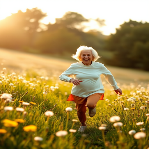 Capture a joyful elderly couple running through a dandelion-filled meadow during golden hour with a 50mm lens, f/1.8 aperture, ISO 200, and soft natural lighting to enhance warmth and clarity, shot in portrait orientation with a shallow depth of field.