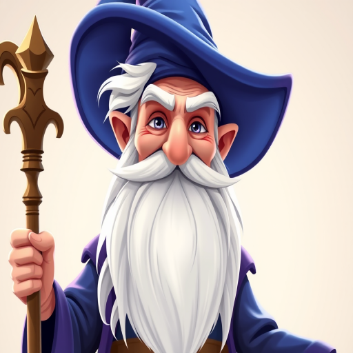 Create an image of a powerful wizard with a long white beard and a blue hat, holding a staff, in a cartoon style, captured with a DSLR camera at f/8 aperture, 50mm lens, ISO 100, 1/200 shutter speed, front view, bright colors and sharp details.