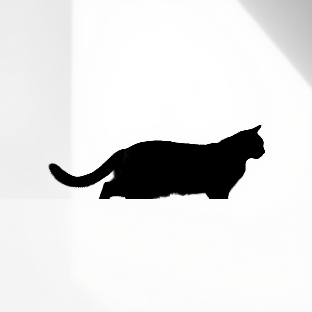 Create a high-resolution image of a minimalist black cat silhouette against a white background, captured with a Canon EOS R5 camera at f/8 aperture, ISO 100, 50mm lens, using soft natural lighting to enhance details and smooth edges.