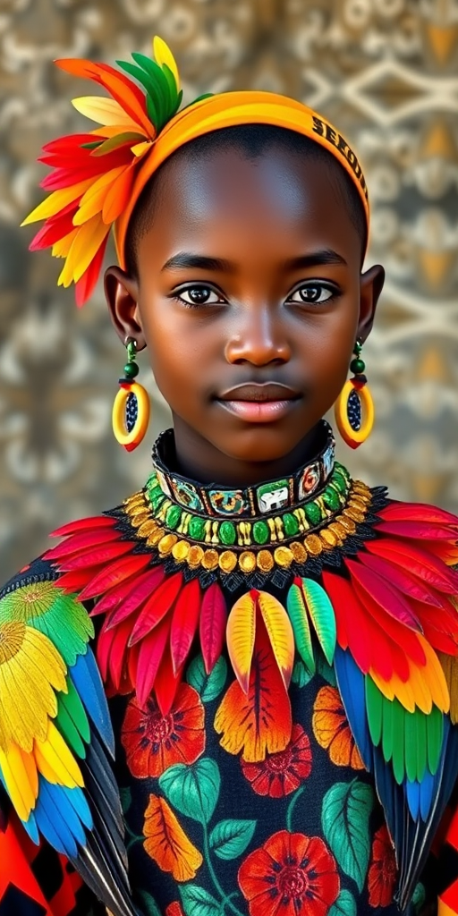 A beautiful Cape Verdean girl, wearing colorful bird clothing with vibrant colors
