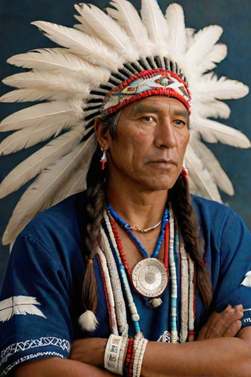 Create a dignified portrait of a Native American man dressed in traditional attire. He wears a beautifully crafted headdress adorned with white feathers and red beads, along with a beaded headband featuring intricate patterns. His clothing includes a deep blue, patterned shirt and a traditional chest piece with detailed beadwork. His arms are crossed, displaying leather armbands decorated with feathers. The background is simple and neutral, emphasizing his proud and stoic expression. The overall image captures the rich cultural heritage and strength of his persona.