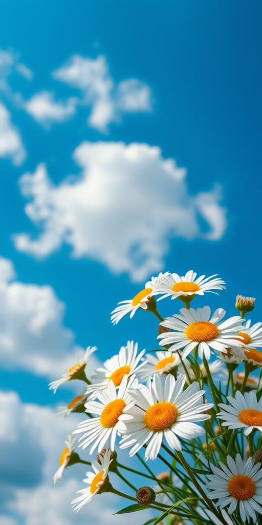 A beautiful bouquet of daisies with yellow centers against a bright blue sky filled with fluffy white clouds, capturing a serene and cheerful atmosphere.