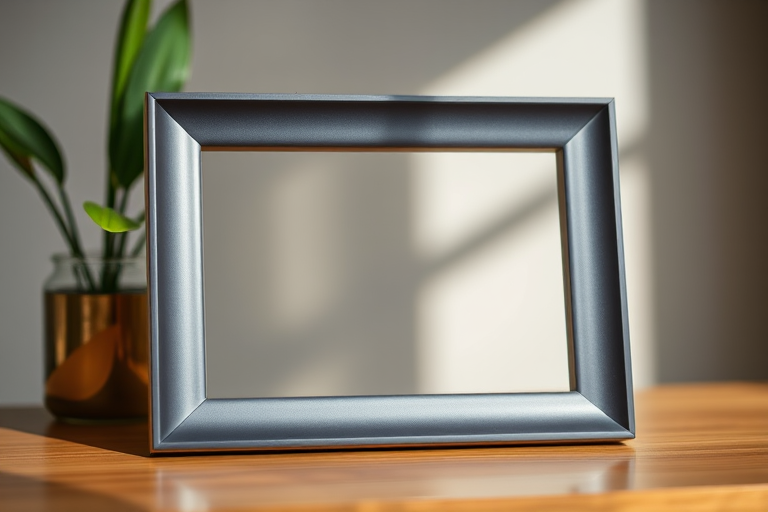 create an image of a sleek, modern picture frame with a glossy finish, using a Canon EOS R5 camera, 50mm lens, f/1.8 aperture, ISO 100, natural light, capturing a close-up view with a soft bokeh background for enhanced depth.