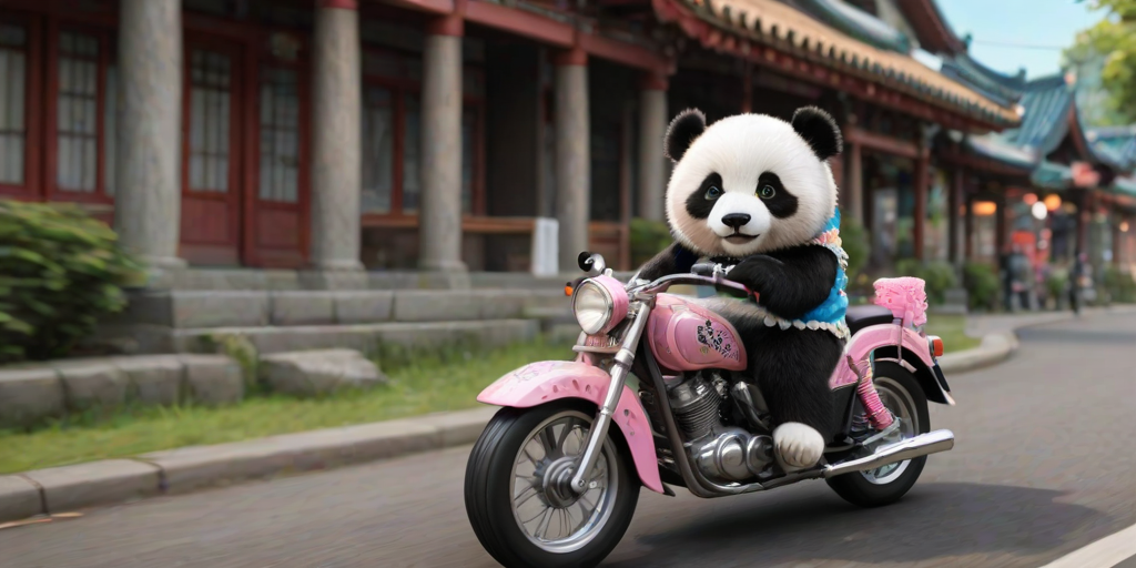 This high-resolution photograph captures a charming panda named Huahua, depicted with her distinctive black and white fur, riding a brightly colored motorcycle. Huahua is dressed in an adorable pastel-colored dress adorned with delicate frills and bows, adding a touch of whimsy to her natural charm. The dress is detailed with intricate patterns and soft textures, creating a lifelike contrast to her fluffy fur.