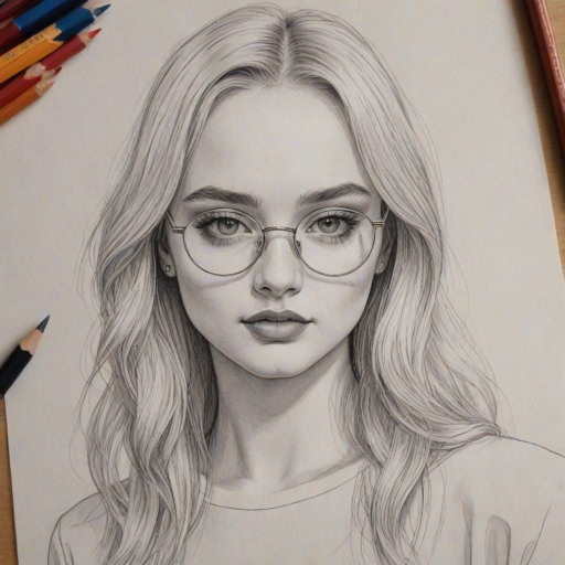 Dazzling Kim Petras, pencil sketch, portrait of Sublime woman 1925s in glasses, hair style beatnik, outline, clear lines, fine lines, 8k