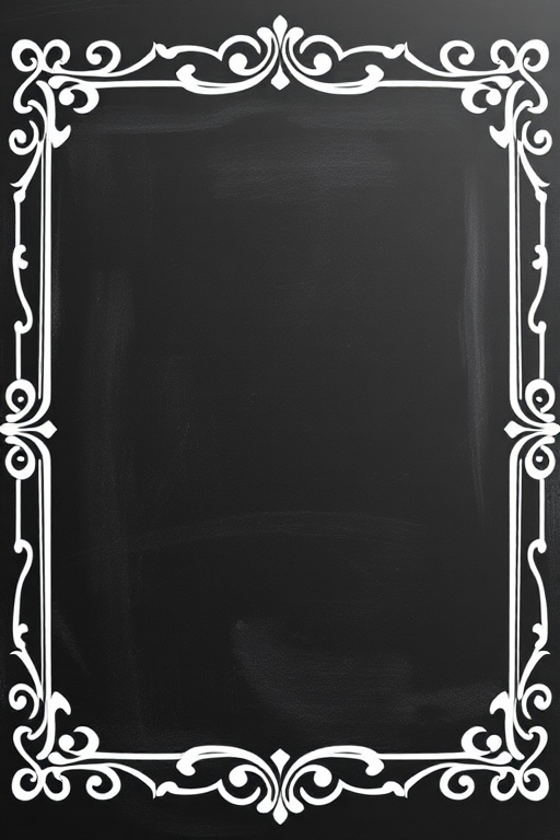 Create a high-resolution image of a textured black chalkboard background with ornate white borders, using a DSLR camera, f/2.8 aperture, 50mm lens, shot in natural lighting for enhanced clarity.