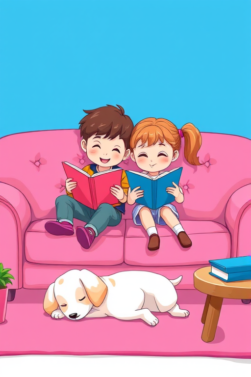 A vibrant illustration of two children reading on a pink couch with a small dog resting beside them, bright blue background, captured in a cozy living room setting, using a digital art style, 50mm lens, f/2.8 aperture, natural lighting, high resolution.