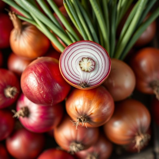 high-quality image of red onions piled together, top-down view, soft natural lighting, aperture f/2.8, ISO 100, 50mm lens, DSLR camera, shallow depth of field