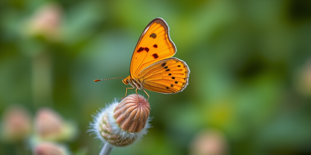 Create an image of a butterfly perched on a plant. The butterfly should have vibrant orange wings with black spots and a delicate structure. The plant should have a soft, fuzzy texture, with green blurred foliage in the background to create a natural setting.