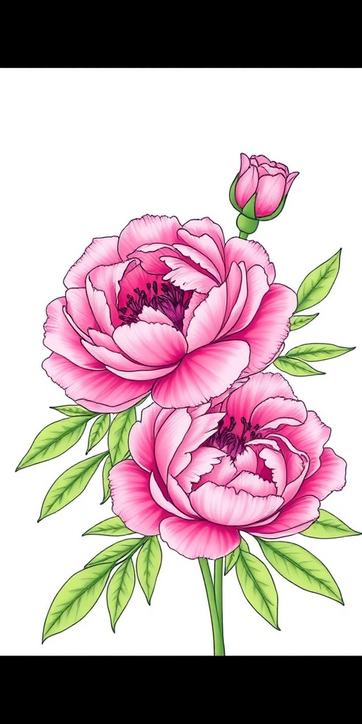 generate a detailed line drawing of pink peony flowers with green leaves on a light background
