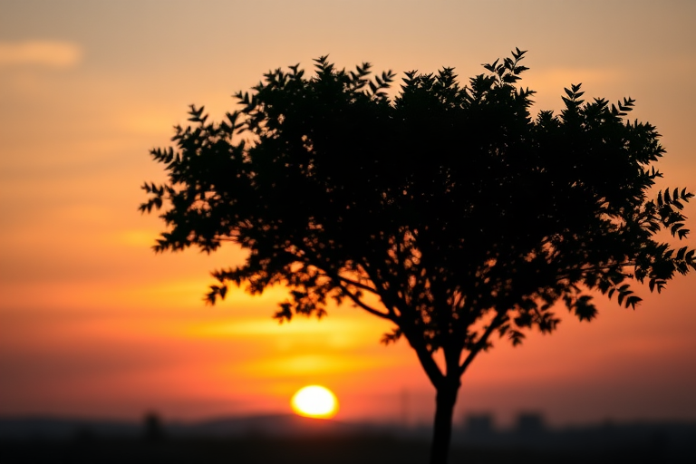 high-resolution image of a silhouette of a tree against a sunset background, soft focus effect, taken with a DSLR camera, 50mm lens, aperture f/2.8, ISO 100, natural lighting, vibrant colors in the sky.