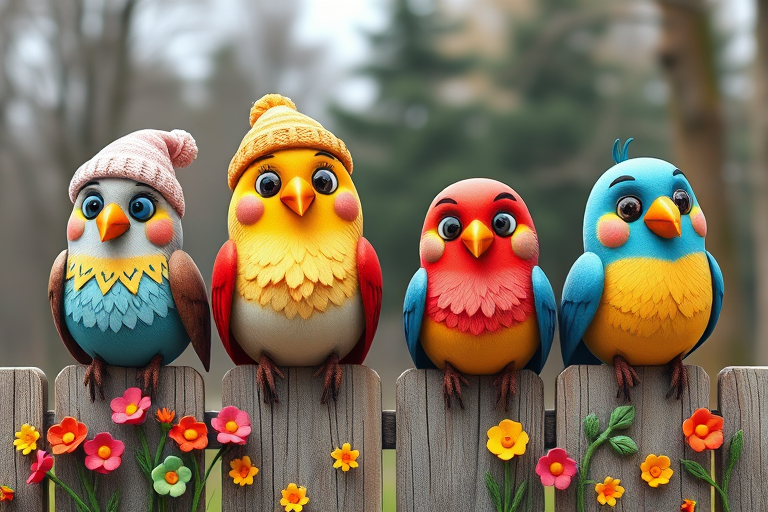 create a scene of 4 quirky  whimsical colourful comical birds each with a funny expression. they are sat on a wooden fence with colourful flowers. they are all different sizes. each one is a different colour  one is wearing a woolly hat. Each one has a different quirky google expression and there is a muted background of trees watercolour paintierly style high definition 8k resolution 3D paper mache