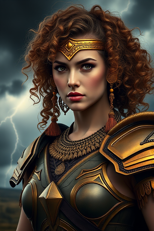 Create a realistic portrait of a powerful female warrior with curly hair wearing golden armor and intricate jewelry, set against a dramatic stormy sky with lightning, use a DSLR camera, 50mm lens, f/1.8 aperture, ISO 100, with a soft focus on the background to enhance the depth and clarity.