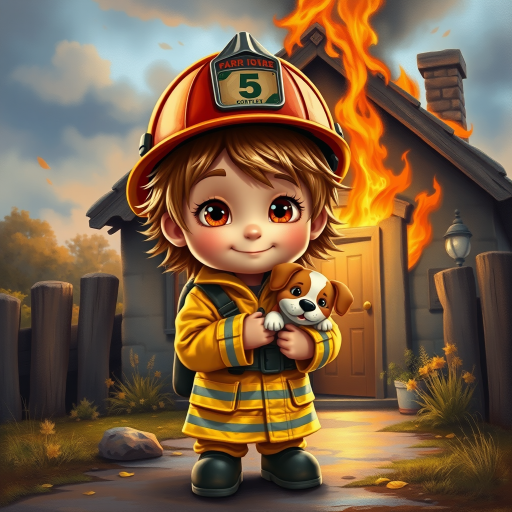 airbrushed oil painting, pixar style, cute little girl in fireman gear, helmet, tousled hair, expressive eyes, standing in the doorstep of a cottage burning behind him, holding a cute little dog in her arm, atumn sky