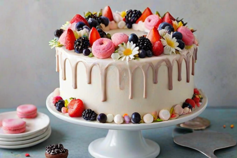 Create an elegant cake with a smooth white frosting, adorned with an assortment of colorful flowers and berries on top. Include decorative elements like chocolate shards or colored accents. Place the cake on a white pedestal stand. Surround the cake with a variety of desserts, including pink donuts and dark blue macarons, arranged artistically on a plate.