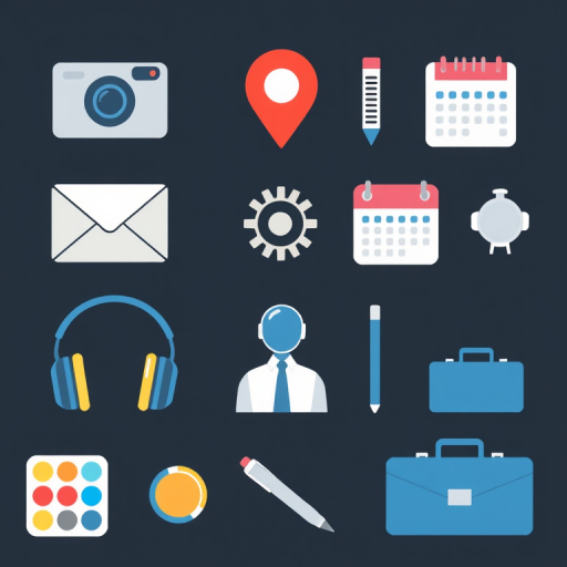 Create a high-resolution vector illustration of a collection of icons representing email, camera, location pin, calendar, cogwheel, headphones, person silhouette, pen, color palette, and briefcase in a flat design style, using a 50mm lens, f/2.8 aperture, ISO 100, and a soft box lighting setup.