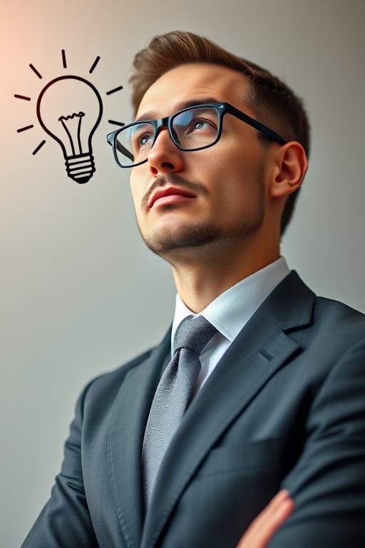 Create an image of a thoughtful businessman in a suit with glasses, looking upwards with a light bulb illustration beside him, using a DSLR camera with a 50mm lens, f/1.8 aperture, ISO 100, natural lighting, and a shallow depth of field for a professional and clean background.