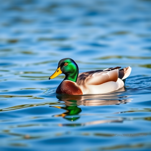 Capture a vibrant male mallard duck swimming on a shimmering blue lake, with focus on the iridescent green head, using a DSLR camera at f/4, ISO 200, 1/1000 sec, in natural light, with a shallow depth of field to blur the background, from a low angle to highlight the duck's reflection on the water.
