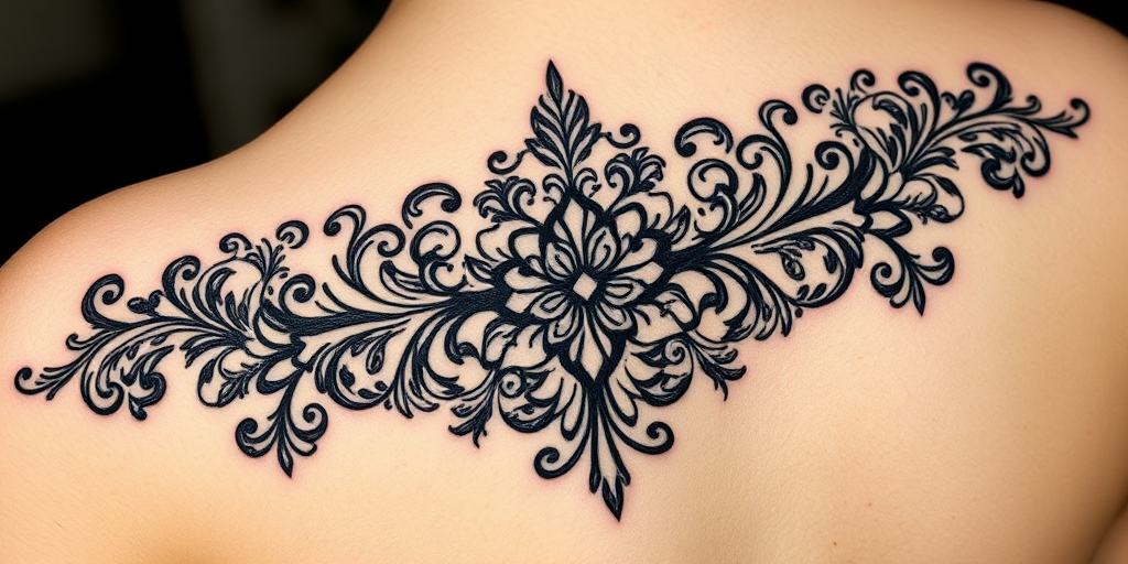Elegant blackwork ornamental tattoo called "Victorian Lace" showcasing intricate patterns inspired by vintage lace designs and filigree work, with delicate lines and swirls forming a cohesive and symmetrical design that adorns the skin like a piece of fine jewelry, creating a timeless and sophisticated tattoo that exudes femininity and grace