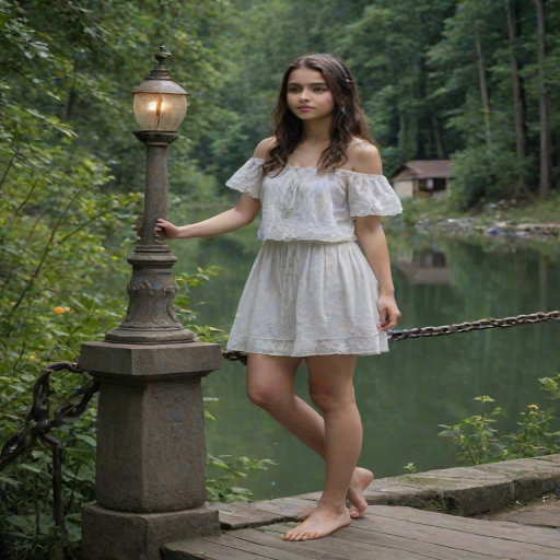 pillar, traditional media, forest, flower, water, 1girl, chain, lamppost, house, railing